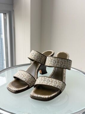 Vintage Celine Women's Beige Patterned Double-Strap Heeled Sandals
